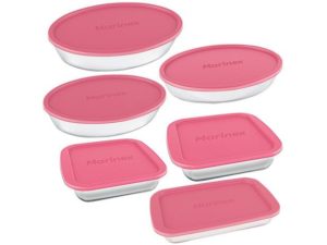 EF - Conjunto de Assadeiras de Vidro Marinex com Tampa Rosa 6 Peças - 3021636