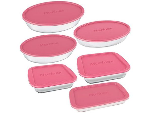 EF - Conjunto de Assadeiras de Vidro Marinex com Tampa Rosa 6 Peças - 3021636