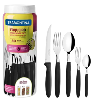 PM - Faqueiro Inox 30pc Ipanema Faca Garfo Colher Cabo Preto - Tramontina - gaf2ka98b6