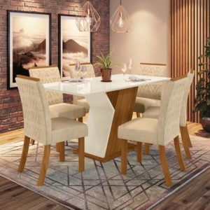 PM - Conjunto Sala de Jantar Mesa 160cm Tampo MDF com Vidro 6 Cadeiras Juanita Casa 812 - bkef67kbfd