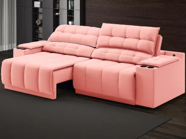 PM - Sofá com Porta Copos Carregador USB Ret Rec Samurai 2,50m Velosuede Rose - NETSOFAS - gj52d2c6f4